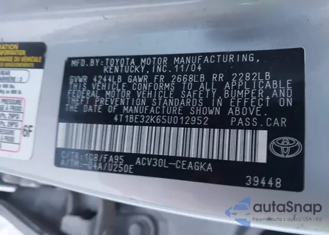 2005 Toyota Camry Xle z USA, uszkodzony, nr VIN 4T1BE32K65U012952